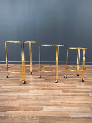 Set of Mid-Century Modern Brass & Glass Rolling Nesting Tables, c.1960’s
