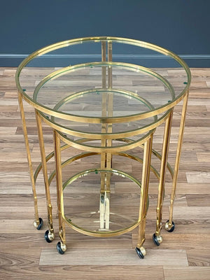 Set of Mid-Century Modern Brass & Glass Rolling Nesting Tables, c.1960’s