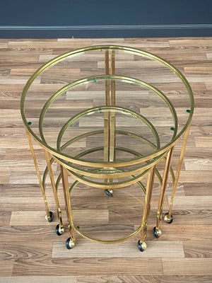 Set of Mid-Century Modern Brass & Glass Rolling Nesting Tables, c.1960’s
