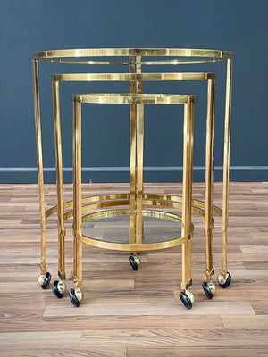 Set of Mid-Century Modern Brass & Glass Rolling Nesting Tables, c.1960’s