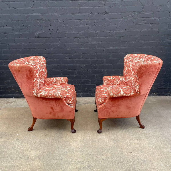 Pair of Antique English Georgian Style Wing High-Back Lounge Chairs, c.1940’s