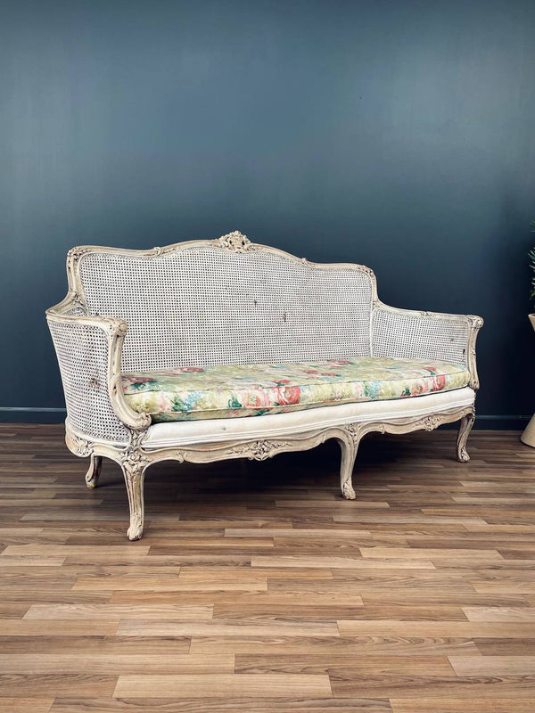 Antique French Louis XVI Style Painted And Caned Settee, c.1920’s