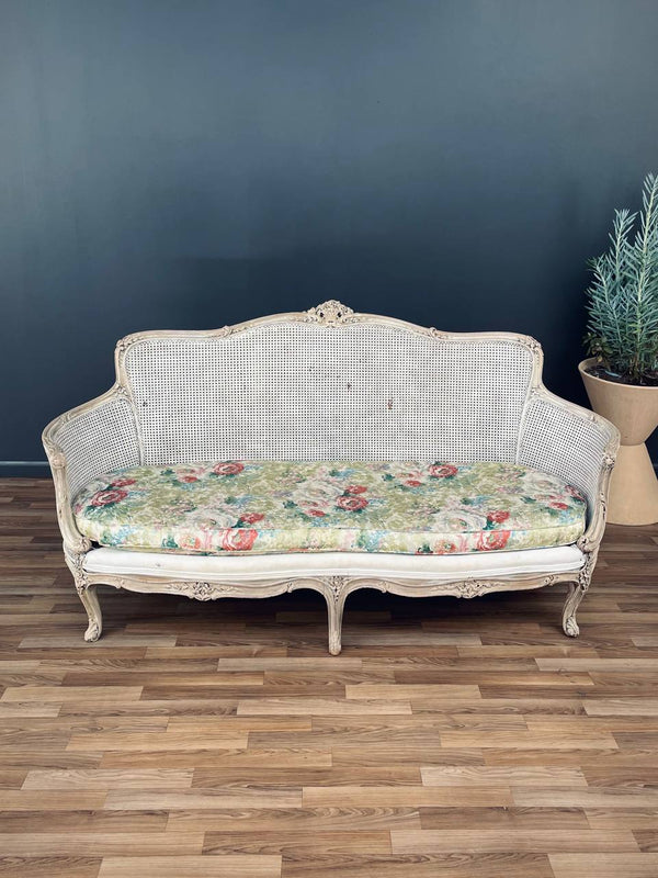 Antique French Louis XVI Style Painted And Caned Settee, c.1920’s