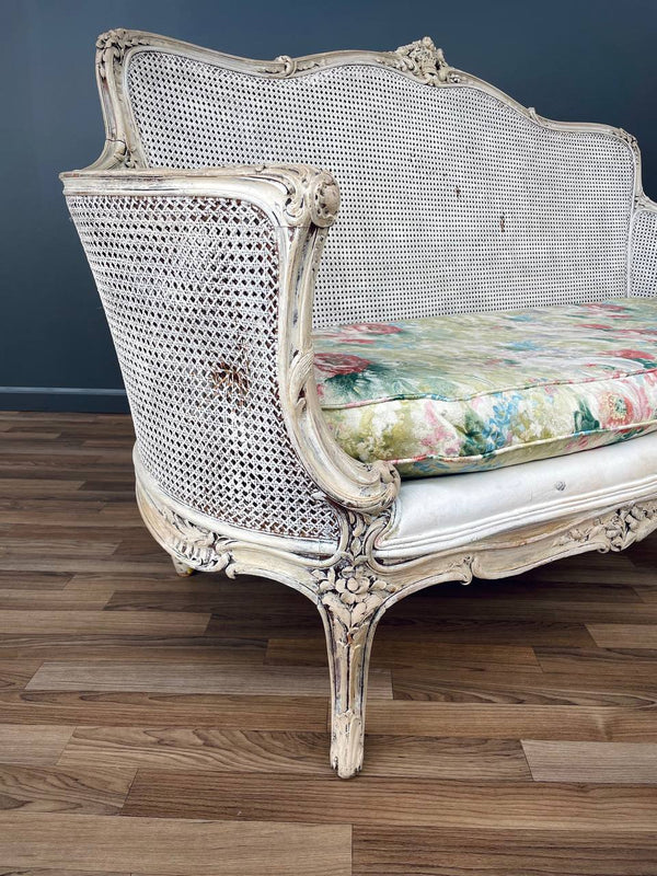 Antique French Louis XVI Style Painted And Caned Settee, c.1920’s