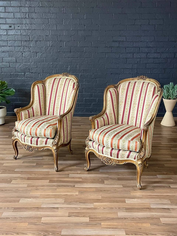 Pair of French Louis XV Style Giltwood Bergère Armchairs, c.1940’s