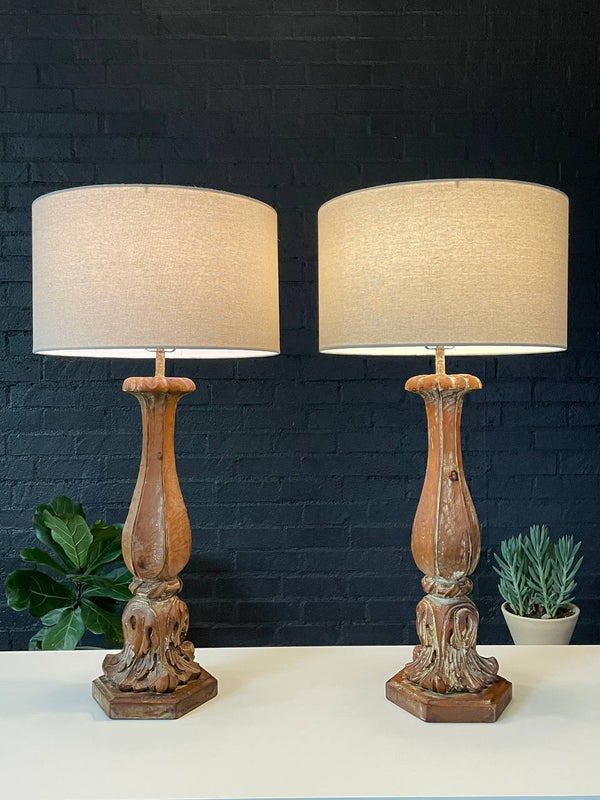 Pair of Italian Provincial Painted & Carved Wood Column Table Lamps, c.1940’s