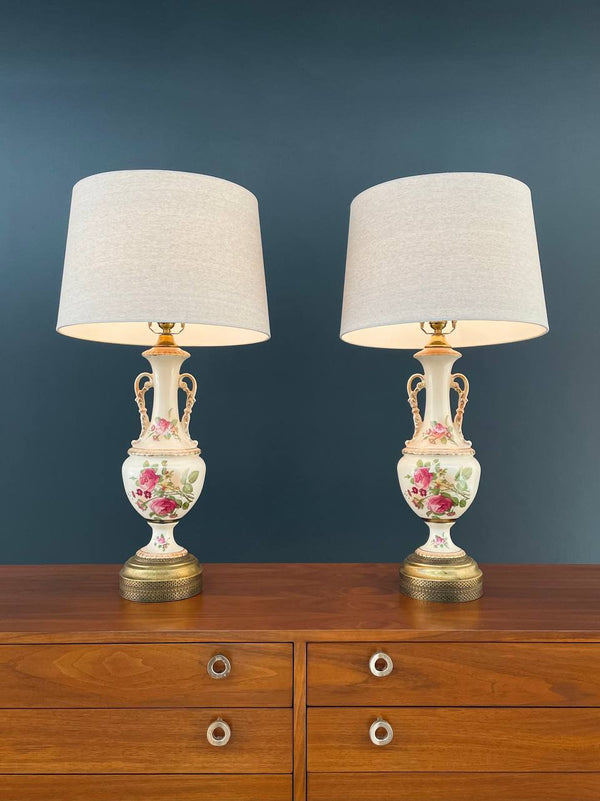 Pair of Vintage Art Victorian Hand Painted Porcelain & Gilded Table Lamps, c.1950’s