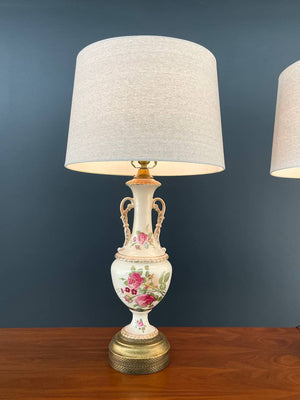 Pair of Vintage Art Victorian Hand Painted Porcelain & Gilded Table Lamps, c.1950’s