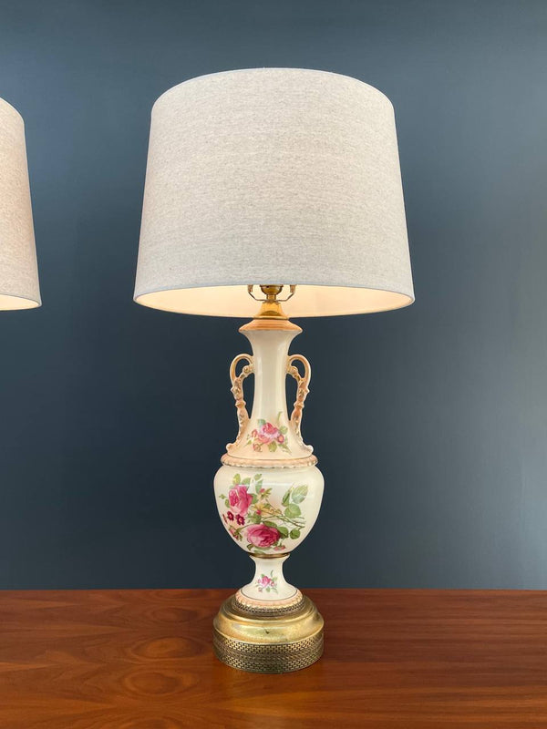 Pair of Vintage Art Victorian Hand Painted Porcelain & Gilded Table Lamps, c.1950’s
