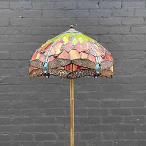 Antique Brass Floor Lamp with Tiffany Glass Style Shade, c.1940’s