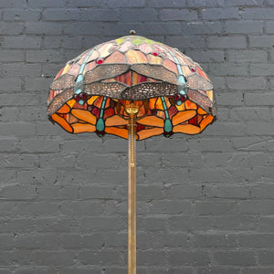 Antique Brass Floor Lamp with Tiffany Glass Style Shade, c.1940’s