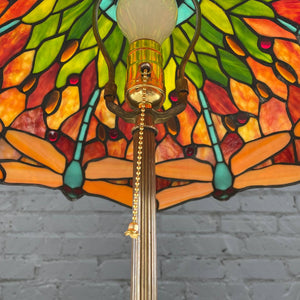 Antique Brass Floor Lamp with Tiffany Glass Style Shade, c.1940’s