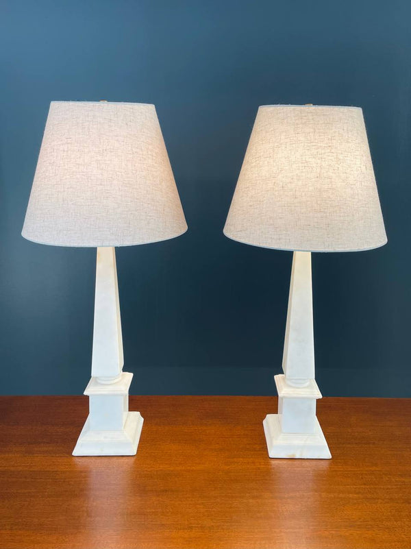 Pair of Italian Neoclassical Obelisk Shaped Alabaster Marble Lamps, c.1940’s