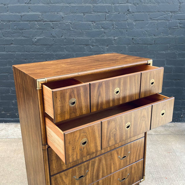Mid-Century Modern Campaign Style Highboy Dresser with Brass Accents by Drexel, c.1960’s