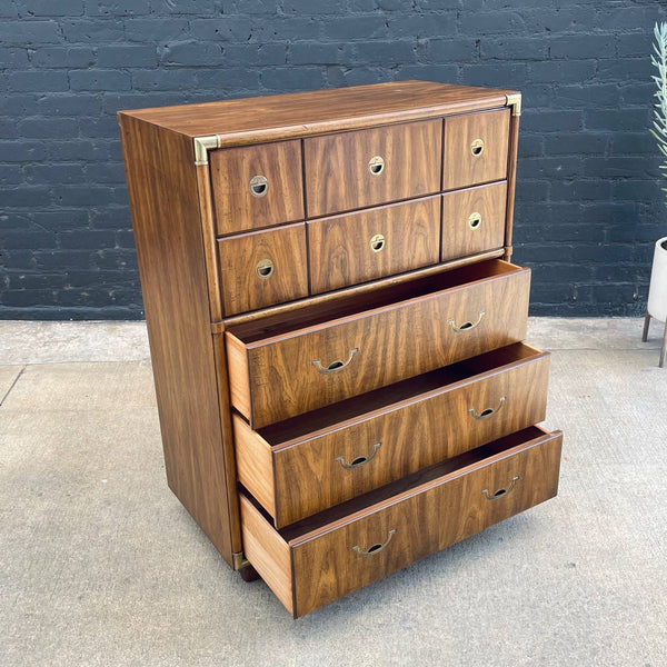 Mid-Century Modern Campaign Style Highboy Dresser with Brass Accents by Drexel, c.1960’s