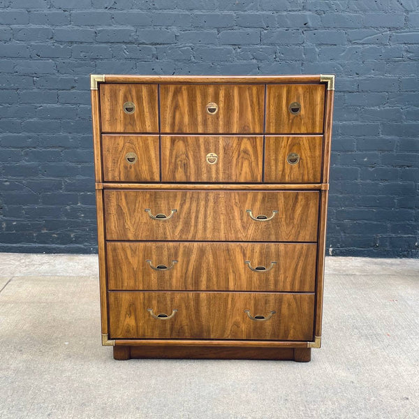 Mid-Century Modern Campaign Style Highboy Dresser with Brass Accents by Drexel, c.1960’s