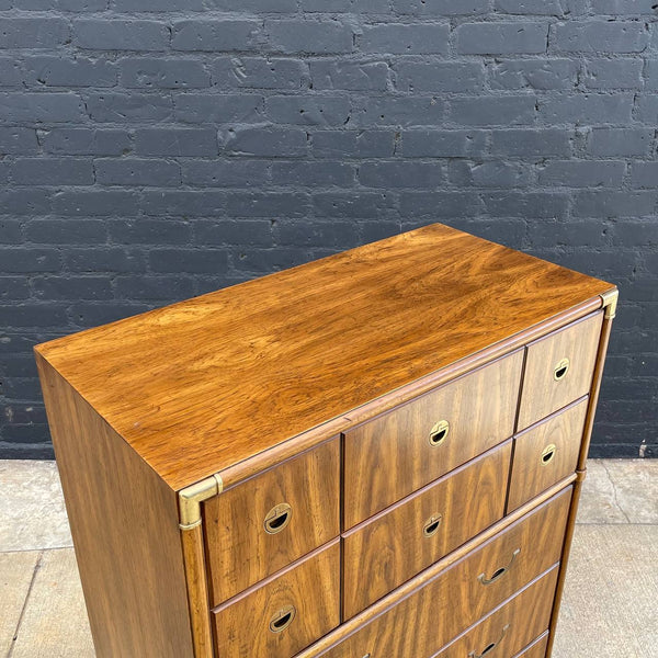 Mid-Century Modern Campaign Style Highboy Dresser with Brass Accents by Drexel, c.1960’s