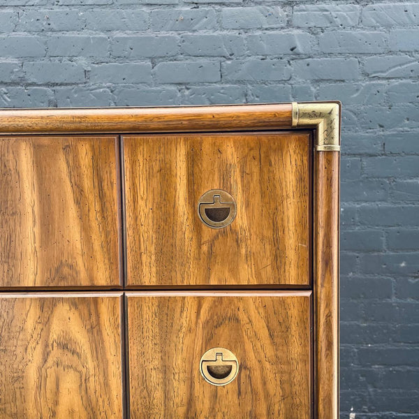 Mid-Century Modern Campaign Style Highboy Dresser with Brass Accents by Drexel, c.1960’s