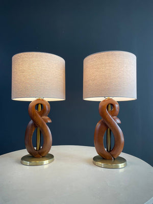 Pair of Mid-Century Modern Sculpted Walnut & Brass Table Lamps by Yasha Heifetz, c.1960’s