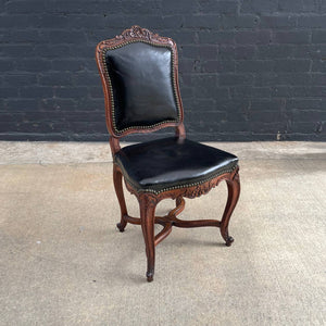 Antique French Louis XV Style Leather Side Chair with Carved Details, c.1940’s