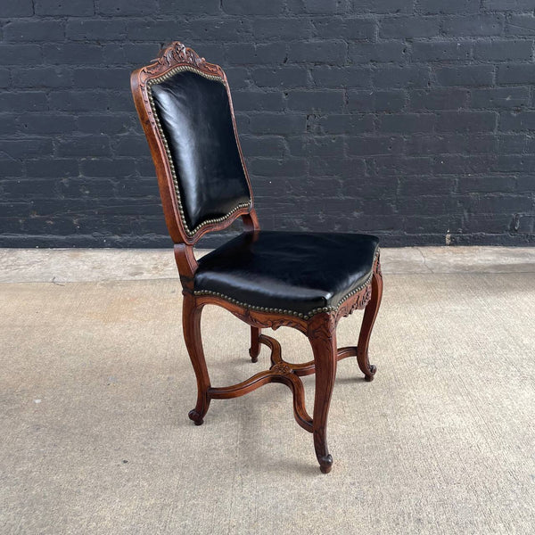 Antique French Louis XV Style Leather Side Chair with Carved Details, c.1940’s