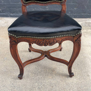 Antique French Louis XV Style Leather Side Chair with Carved Details, c.1940’s