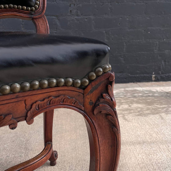Antique French Louis XV Style Leather Side Chair with Carved Details, c.1940’s