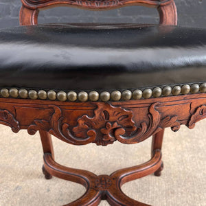 Antique French Louis XV Style Leather Side Chair with Carved Details, c.1940’s