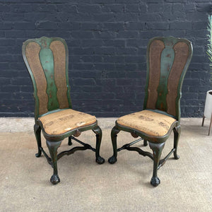 Pair of Antique Asian Style Carved Side Chairs with Claw Feet & Cane Backrest , c.1940’s