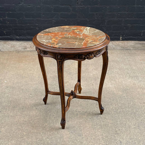 French 1930s Louis XV Style Table with Marble Too & Carved Decorations