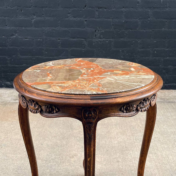 French 1930s Louis XV Style Table with Marble Too & Carved Decorations