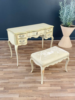 Vintage French Provincial Style Vanity Desk with Mirror & Ottoman, c.1960’s