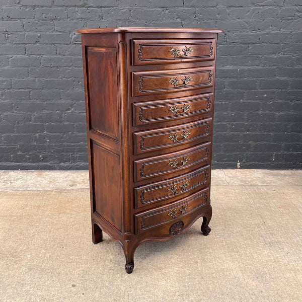 French Provincial Style Highboy Dresser with Carved Details
