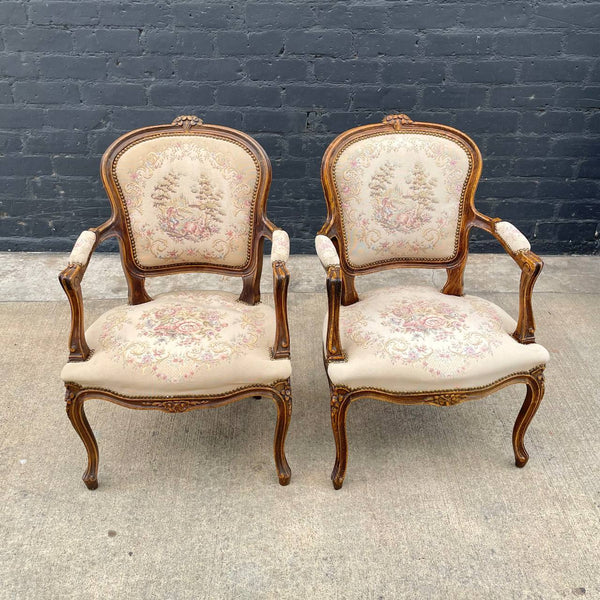 Pair of French Antique Style Carved Arm Lounge Chairs, c.1950’s