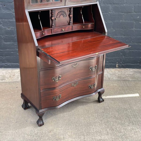 American Antique Federal Style Mahogany display Cabinet and Drop-Down Desk, c.1950’s