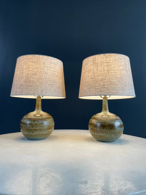 Pair of Mid-Century Modern Glazed Olive Green Ceramic Table Lamps, c.1960’s