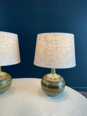 Pair of Mid-Century Modern Glazed Olive Green Ceramic Table Lamps, c.1960’s