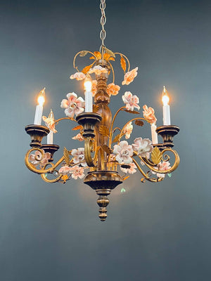 Italian Rustic Farmhouse Gilt Metal & Wood Chandelier w/ Porcelain Roses, c.1950’s