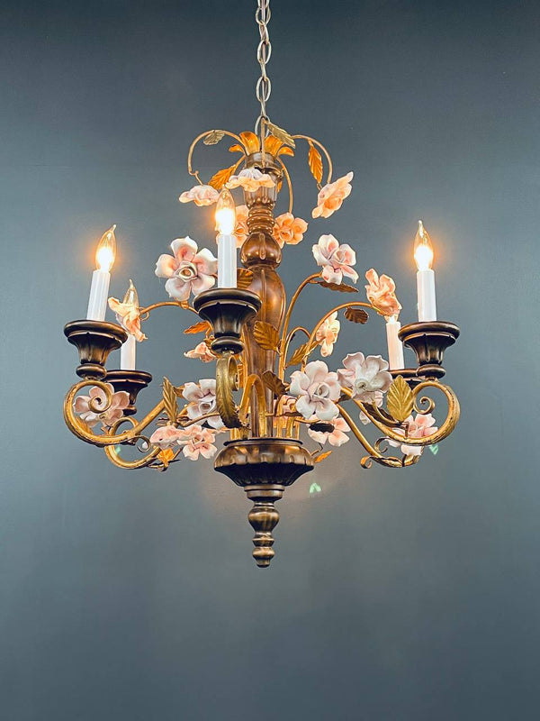 Italian Rustic Farmhouse Gilt Metal & Wood Chandelier w/ Porcelain Roses, c.1950’s