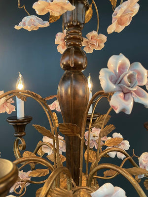 Italian Rustic Farmhouse Gilt Metal & Wood Chandelier w/ Porcelain Roses, c.1950’s