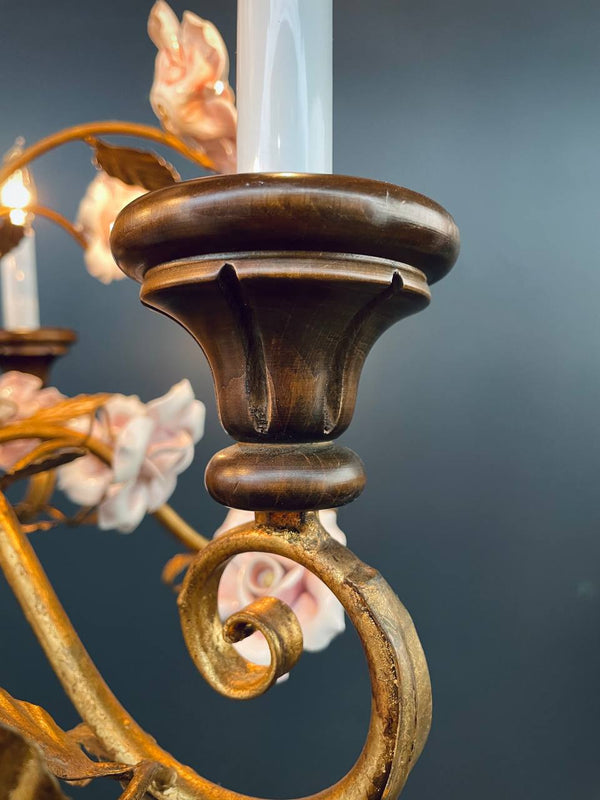 Italian Rustic Farmhouse Gilt Metal & Wood Chandelier w/ Porcelain Roses, c.1950’s