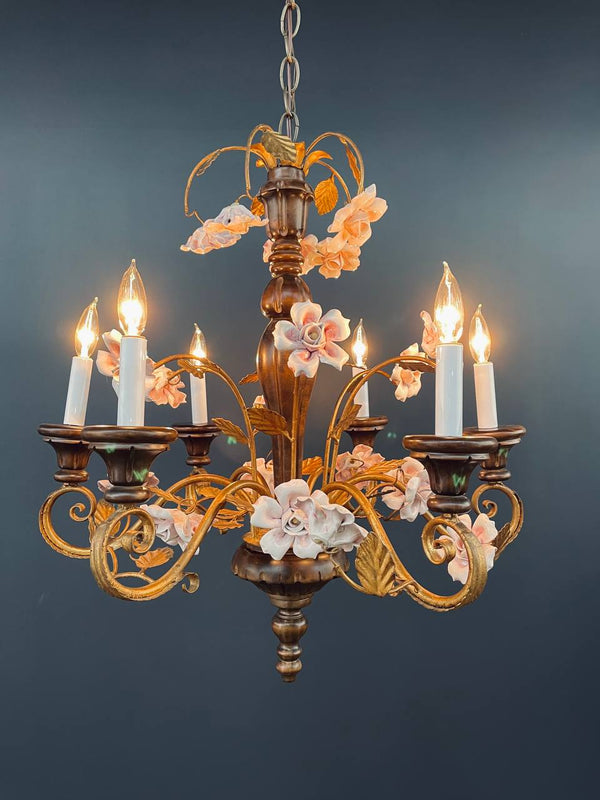 Italian Rustic Farmhouse Gilt Metal & Wood Chandelier w/ Porcelain Roses, c.1950’s