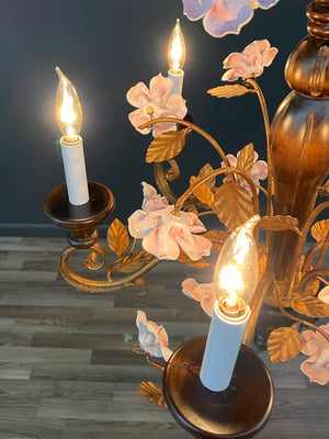 Italian Rustic Farmhouse Gilt Metal & Wood Chandelier w/ Porcelain Roses, c.1950’s