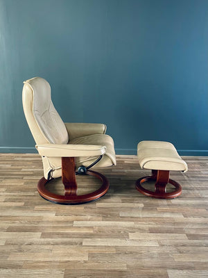 Ekornes Stressless Beige Leather Reclining Swivel Lounge Chair with Ottoman