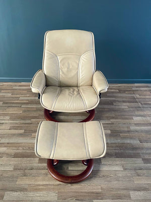Ekornes Stressless Beige Leather Reclining Swivel Lounge Chair with Ottoman