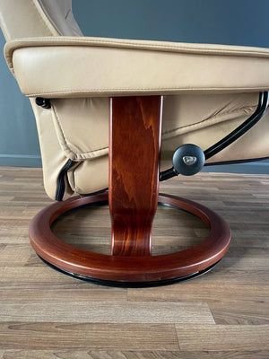 Ekornes Stressless Beige Leather Reclining Swivel Lounge Chair with Ottoman