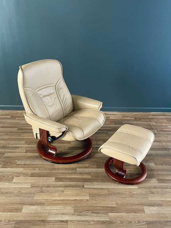 Ekornes Stressless Beige Leather Reclining Swivel Lounge Chair with Ottoman