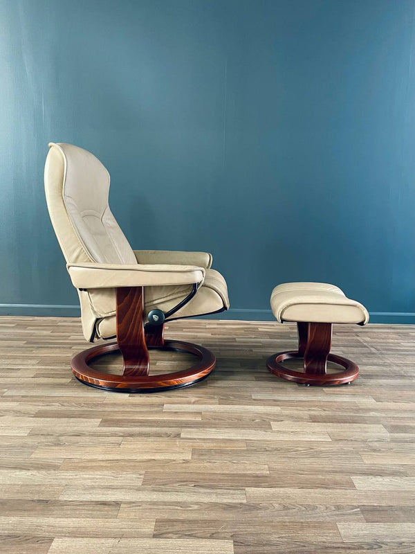 Ekornes Stressless Beige Leather Reclining Swivel Lounge Chair with Ottoman