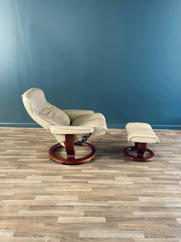 Ekornes Stressless Beige Leather Reclining Swivel Lounge Chair with Ottoman