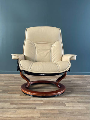 Ekornes Stressless Beige Leather Reclining Swivel Lounge Chair with Ottoman